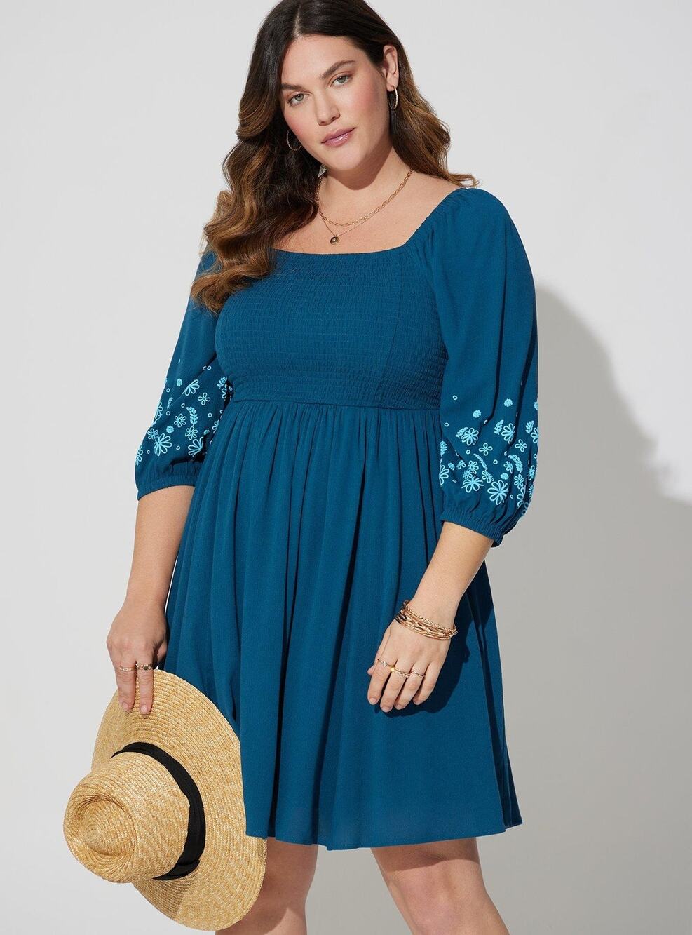 Torrid Legion Blue Floral Smocked Mini Crinkle Gauze Blouson Sleeve Dress 4X